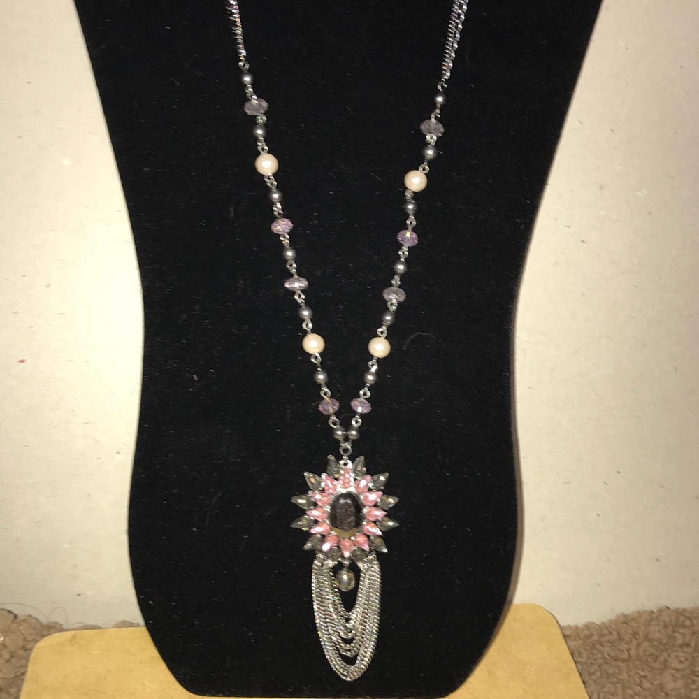 Gunmetal, Pink Rhinestones & Pearls Necklace